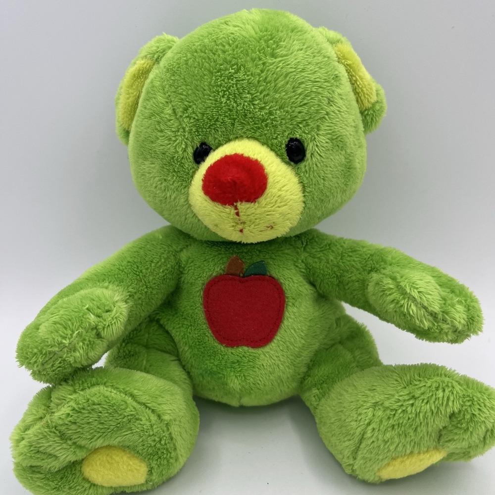 Applause Russ Berrie Green Teddy Bear 8" Plush With Red Nose And Apple On Tummy